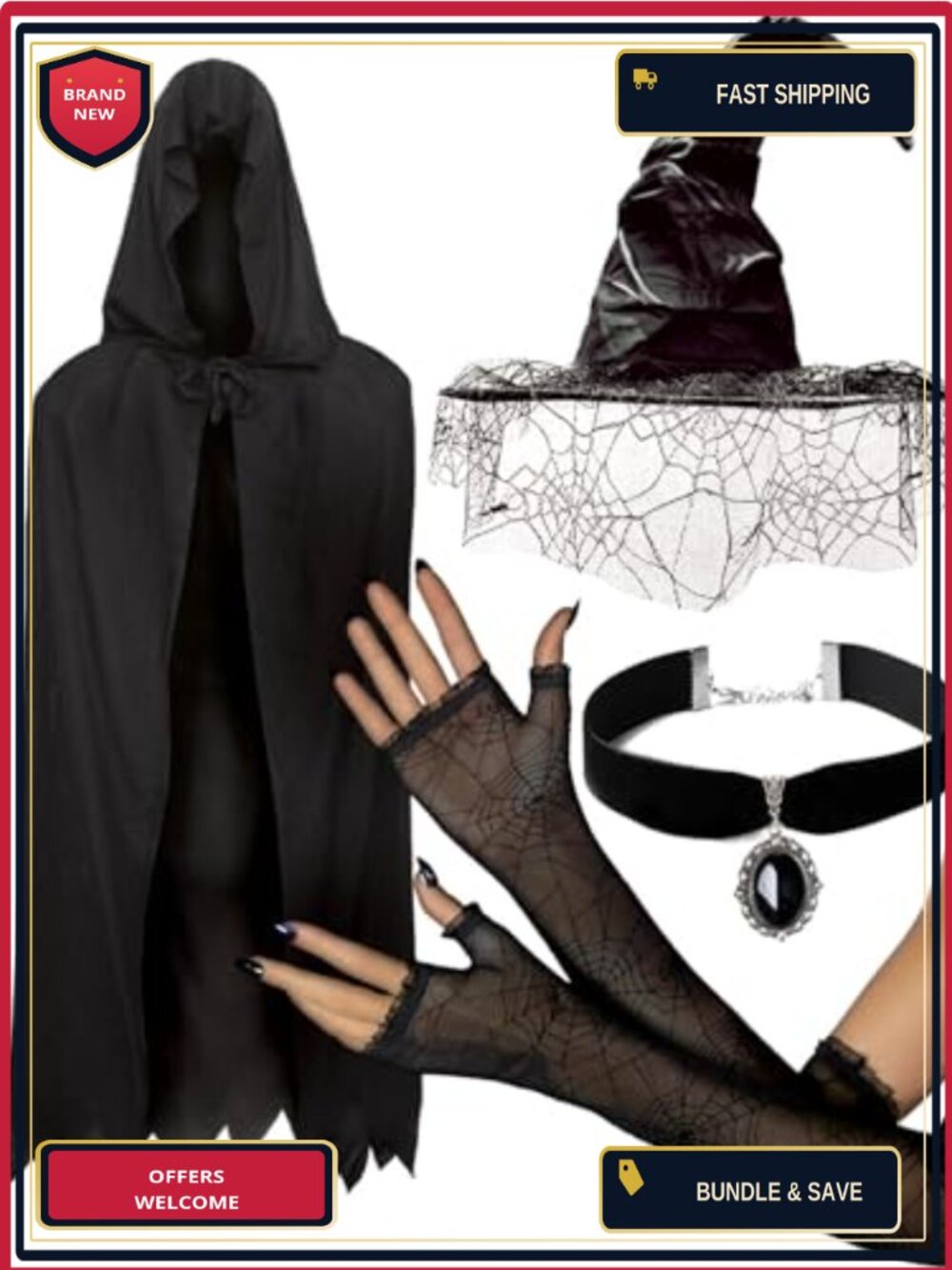 Witch Costume Accessories Lace Hat Veil Hooded Cape Arm Sleeves Choker Set